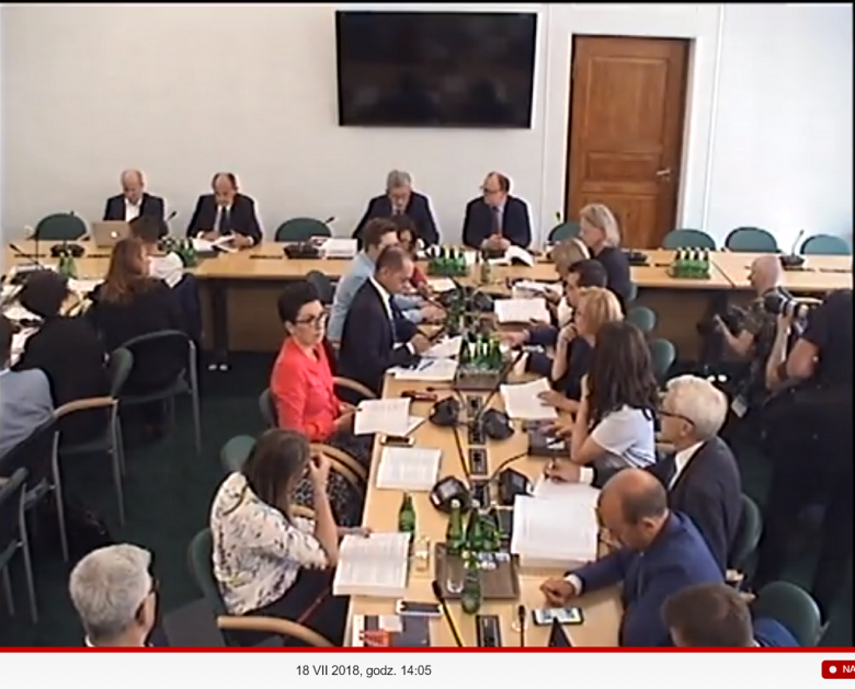 Ludzie siedzą przy stołach w sali obrad komisji parlamentarnej