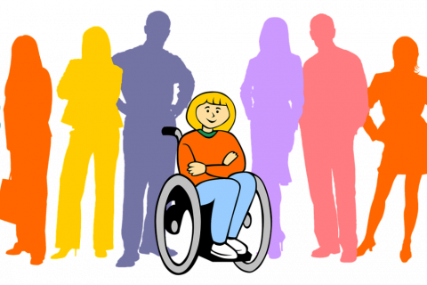 grafika z dzieckiem w wózku dla osób z niepełnosprawnościami z sylwetkami dorosłych w tle